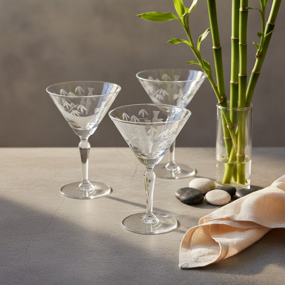 Sasaki Noritake Bamboo Etched Crystal Martini Cocktail Stemmed Glasses Set 3-MCM